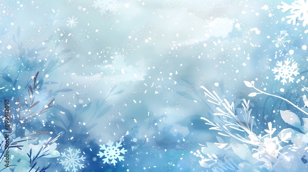 A serene winter-themed background featuring soft blue hues, delicate snowflakes, and frosty foliage. A serene winter-themed background featuring soft blue hues, delicate snowflakes, and frosty foliage.
