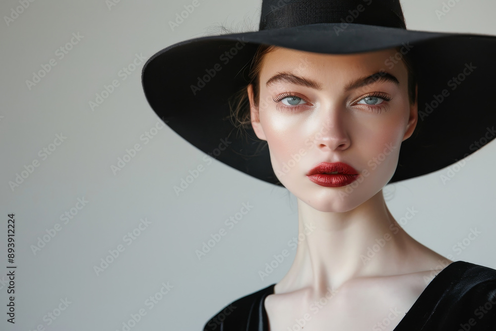 A model with striking red lips and a bold black hat exudes confidence and mystique, against a light gray backdrop. A model with striking red lips and a bold black hat exudes confidence and mystique, against a light gray backdrop.
