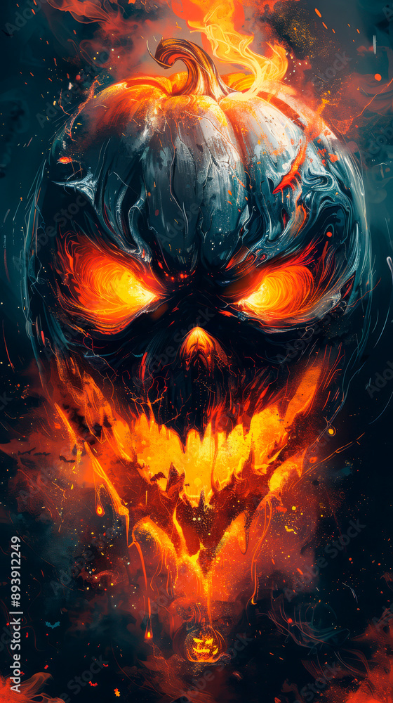 Fiery jack-o'-lantern with intense glowing eyes and a menacing grin, surrounded by swirling flames and sparks in a dark, spooky atmosphere. Concept: Halloween horror. Use: scary Halloween designs, Fiery jack-o'-lantern with intense glowing eyes and a menacing grin, surrounded by swirling flames and sparks in a dark, spooky atmosphere. Concept: Halloween horror. Use: scary Halloween designs,