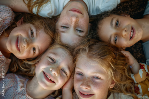 A close-up of five smiling children with their heads together on the ground, radiating joy and warmth from their happy expressions.