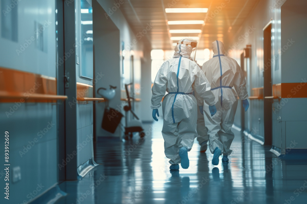 Two medical professionals in full protective gear walk down a hospital corridor bathed in warm, ambient light, reflecting dedication and vigilance. Two medical professionals in full protective gear walk down a hospital corridor bathed in warm, ambient light, reflecting dedication and vigilance.