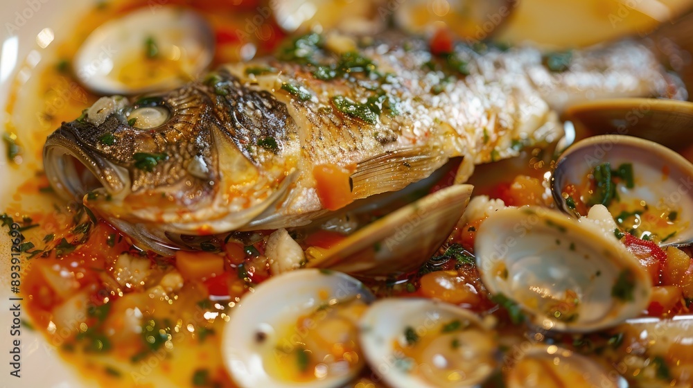 Sea bass in acqua pazza with clams Sea bass in acqua pazza with clams