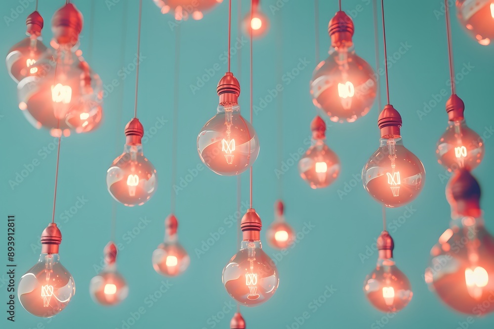 Enchanting Display of Hanging Light Bulbs Against a Soft Blue Background Enchanting Display of Hanging Light Bulbs Against a Soft Blue Background