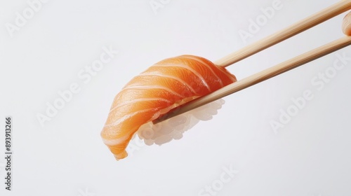 Close-Up of Salmon Nigiri with Chopsticks. generative AI photo