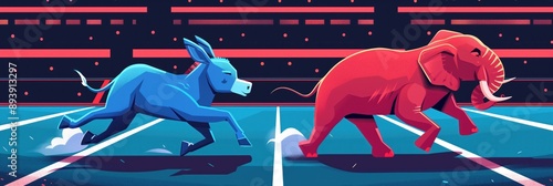 Political cartoon illustration features blue donkey, red elephant racing on gray track, conveying competition, motion. Minimalistic design highlights vibrant colors of animals, actions. Suitable for photo