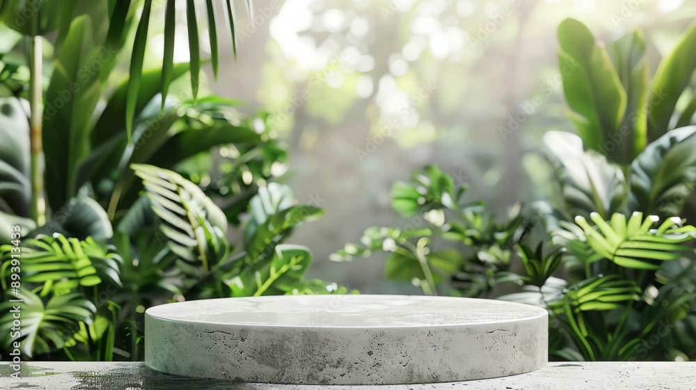 A lush green jungle scene with a stone pedestal in the foreground. Perfect for displaying products or creating a natural backdrop for any project. A lush green jungle scene with a stone pedestal in the foreground. Perfect for displaying products or creating a natural backdrop for any project.