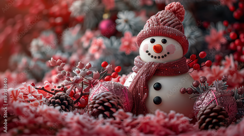 Obraz premium Snowman with pink hat and scarf, surrounded by pink gifts, pinecones, berries, and ornaments. Snow falling in a festive scene. Christmas card, holiday greeting card, Merry Christmas. happy snowman