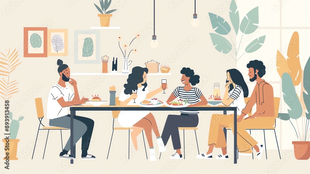 A group of diverse friends sitting around a table and eating a meal. They are all smiling and laughing and enjoying each other's company. A group of diverse friends sitting around a table and eating a meal. They are all smiling and laughing and enjoying each other's company.