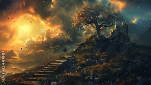 Mystical landscape with a large tree, overgrown ruins, and a stone staircase leading up to it. The sky is a stormy orange and the clouds are swirling. photo