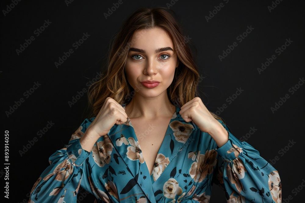 Photo portrait of lovely young lady winning raise fists dressed stylish blue flower print garment isolated on black color background Photo portrait of lovely young lady winning raise fists dressed stylish blue flower print garment isolated on black color background