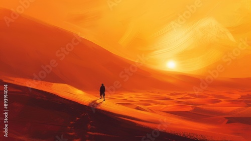 A solitary figure walks across a vast desert landscape, the setting sun casting a warm orange glow over the sand dunes