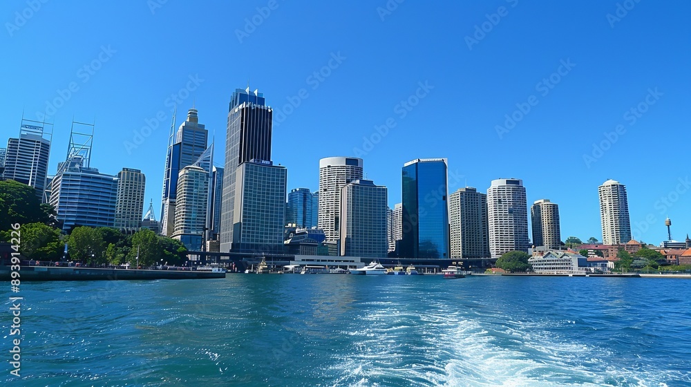 Obraz premium A bright, sunny daytime cityscape by the waterfront, displaying a collection of modern urban buildings and skyscrapers with clear blue sky and water, creating a lively atmosphere.