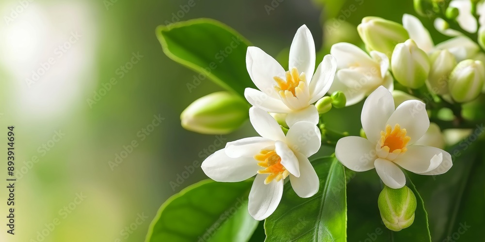 A close up of a white flower with yellow centers. The flower is surrounded by green leaves. Concept of serenity and beauty, as the white flowers stand out against the lush green background A close up of a white flower with yellow centers. The flower is surrounded by green leaves. Concept of serenity and beauty, as the white flowers stand out against the lush green background