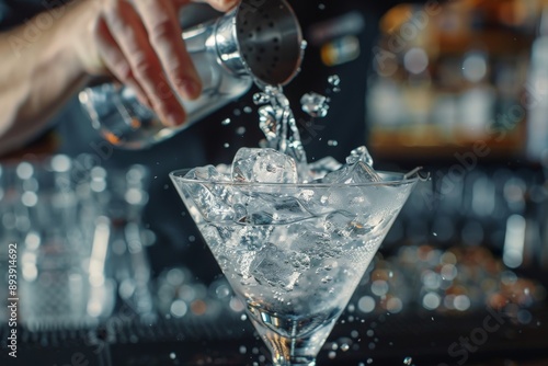A mixologist stirring a classic martini with ice.