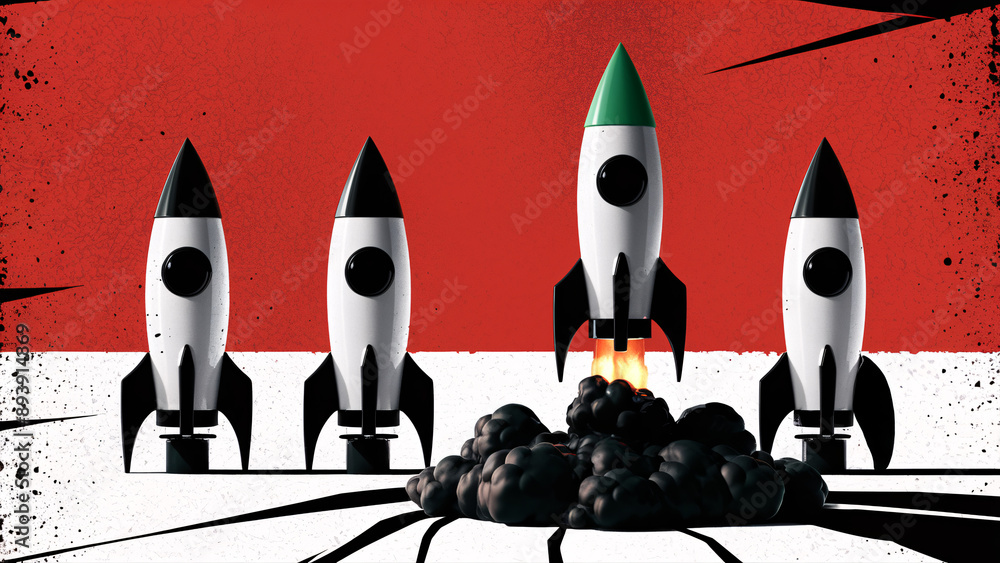 Dynamic Rocket Launch with Green-Tipped Rocket and Black Smoke Against Red Background Illustrating Bold Startup Leadership and Innovation Dynamic Rocket Launch with Green-Tipped Rocket and Black Smoke Against Red Background Illustrating Bold Startup Leadership and Innovation