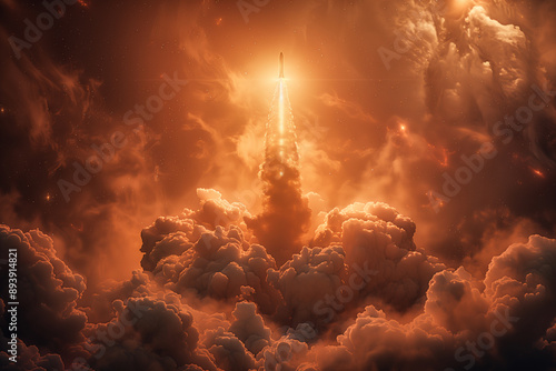 Orange Rocket Launching Through Dense Clouds