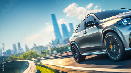Silver Car on a Highway with a City Skyline in the Background