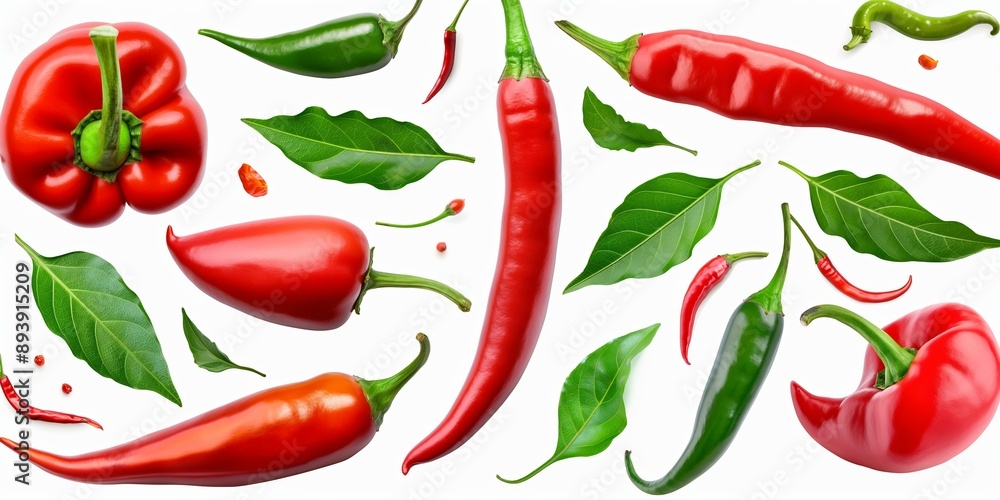 A collection of red peppers and green leaves. The peppers are of various sizes and shapes, and the leaves are green and spread out around them. Concept of abundance and variety A collection of red peppers and green leaves. The peppers are of various sizes and shapes, and the leaves are green and spread out around them. Concept of abundance and variety