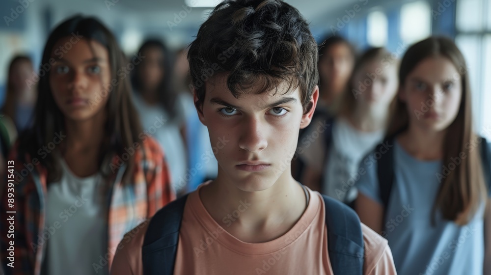 A young male teenager stands up to a bully in a school hallway, his face determined and serious. He is surrounded by other students, some of whom appear to be watching the confrontation A young male teenager stands up to a bully in a school hallway, his face determined and serious. He is surrounded by other students, some of whom appear to be watching the confrontation