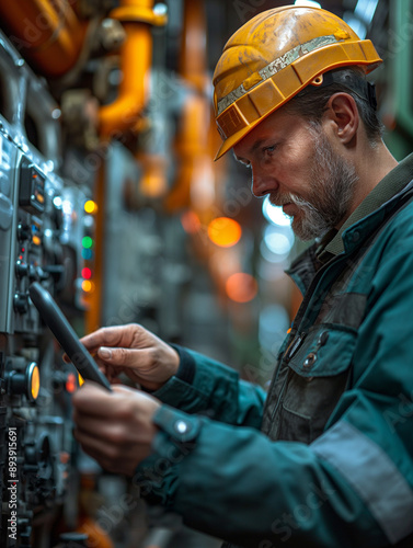 Engineer in safety gear using tablet.