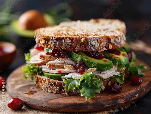 A close-up of a sandwich made with turkey slices, avocado, green lettuce, cranberries, and arugula, perfectly arranged on toasted bread photo