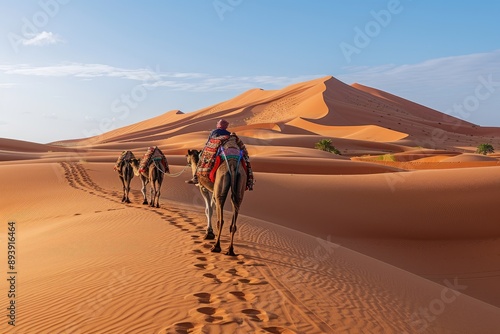 Camel caravan crossing sand dunes in desert at sunset.