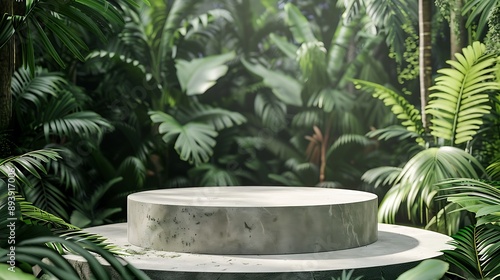 Podium background product green nature 3D forest stand white plant. Cosmetic background product podium display wood jungle studio garden beauty platform presentation mockup pedestal stone tropical