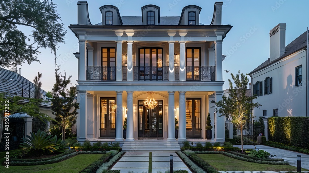 An elegant mansion showcasing grand pillars, sophisticated evening lighting, and a beautifully maintained front yard, seamlessly blending traditional and modern elements. An elegant mansion showcasing grand pillars, sophisticated evening lighting, and a beautifully maintained front yard, seamlessly blending traditional and modern elements.