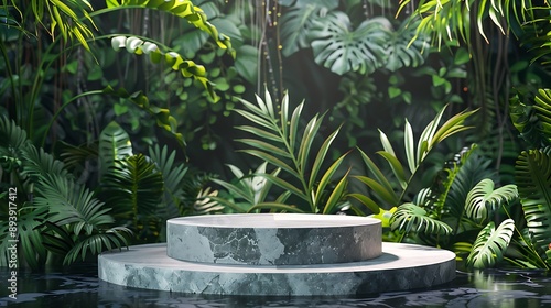 Podium background product green nature 3D forest stand white plant. Cosmetic background product podium display wood jungle studio garden beauty platform presentation mockup pedestal stone tropical