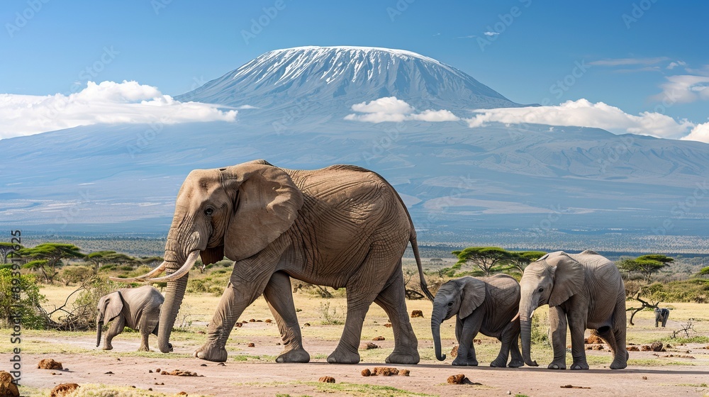 Obraz premium Adult elephant leads its herd, with Mount Kilimanjaro towering majestically in the background under a clear sky, emphasizing nature's harmony and the immensity of the landscape.