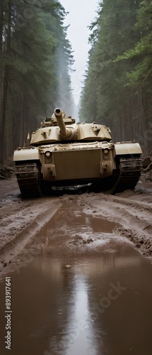 Tank moving on a muddy road in the forest