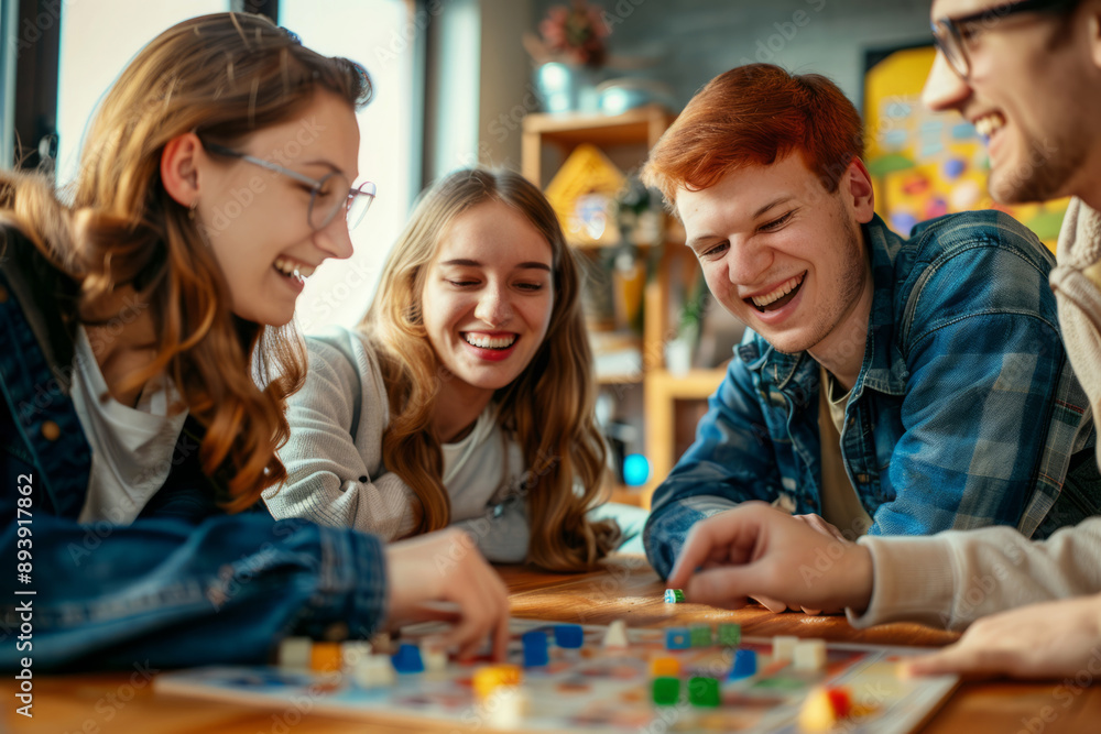 Group of friends laugh and enjoy a board game at indoor setting Group of friends laugh and enjoy a board game at indoor setting