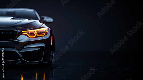 Sleek Modern Car with Illuminated Headlights on a Dark Background