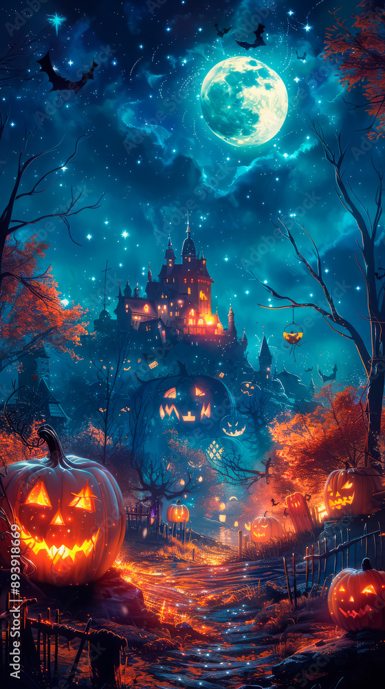 Halloween night scene with jack-o'-lanterns, bats, and a spooky house under a full moon. Concept: Halloween celebration, spooky atmosphere. Use: holiday promotions, event advertisements, themed party Halloween night scene with jack-o'-lanterns, bats, and a spooky house under a full moon. Concept: Halloween celebration, spooky atmosphere. Use: holiday promotions, event advertisements, themed party