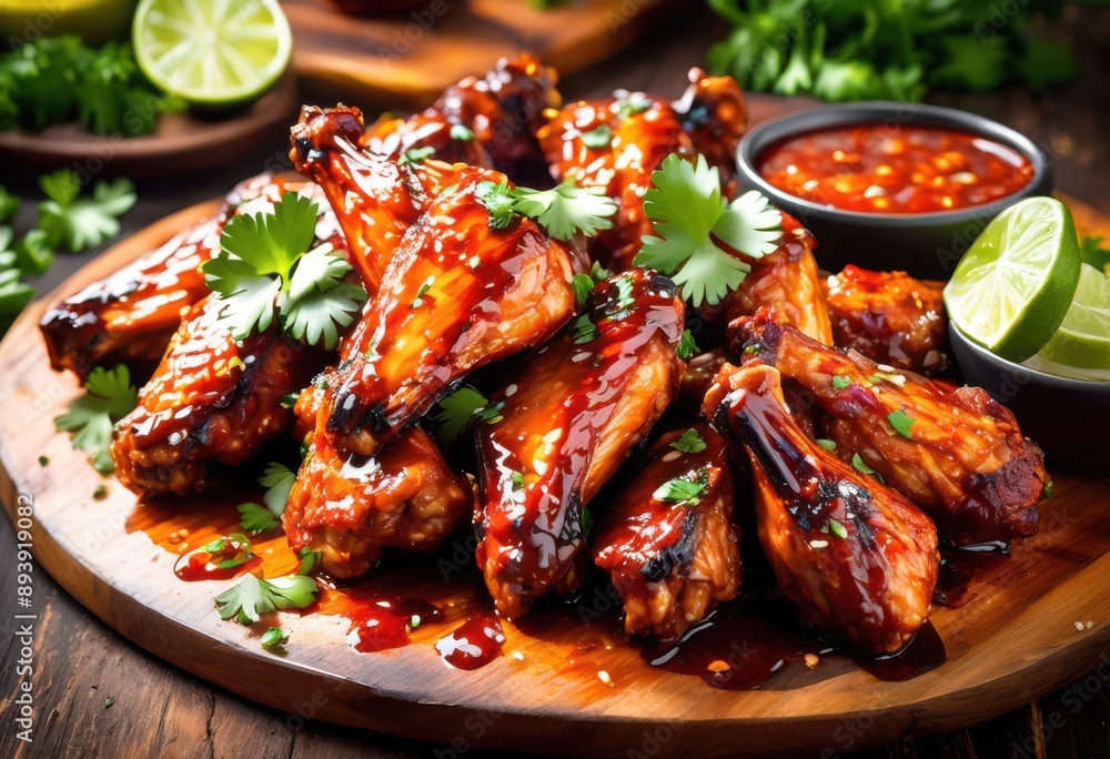 deliciously grilled barbecue wings served tangy sauce garnished fresh herbs irresistible appetizer experience, flavor, smoky, crispy, meat, spicy, seasoning deliciously grilled barbecue wings served tangy sauce garnished fresh herbs irresistible appetizer experience, flavor, smoky, crispy, meat, spicy, seasoning