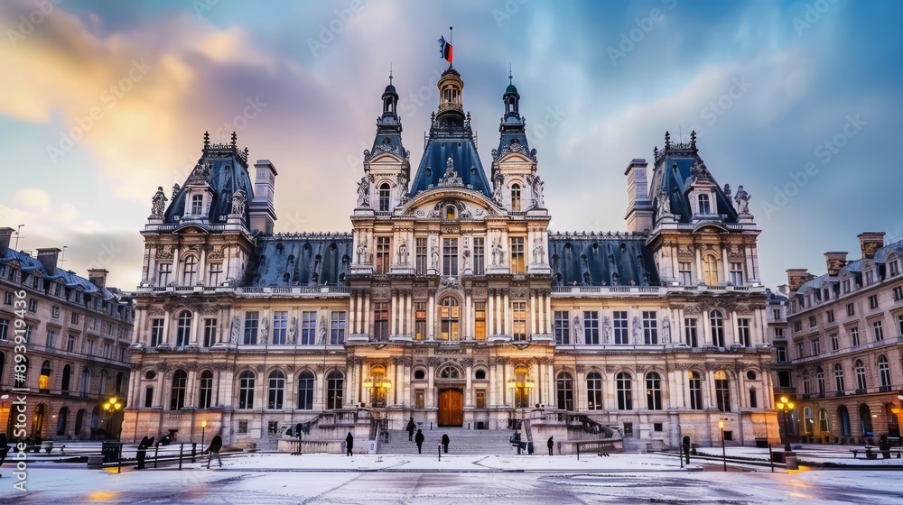Naklejka premium JO de Paris 2024, anneaux olympiques, célèbre logo symbole des jeux olympiques, devant la façade de la mairie : hôtel de ville de Paris, avec une statue