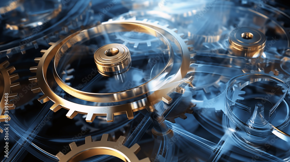 Glass and metal mechanisms, wallpaper. Shades of blue and gold Glass and metal mechanisms, wallpaper. Shades of blue and gold