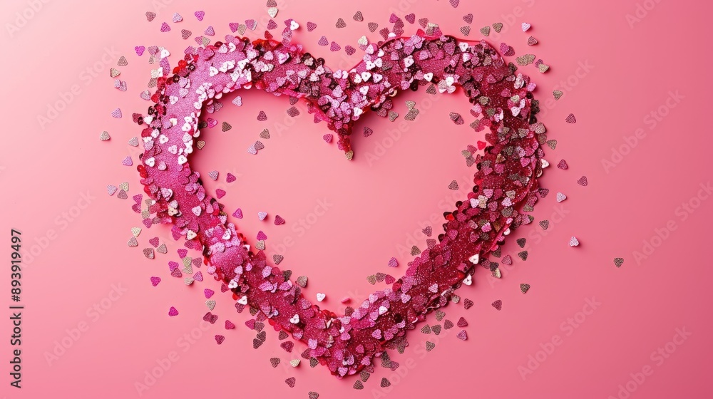Festive Heart Shaped Sequin Frame on Vibrant Pink Background for Special Occasions Festive Heart Shaped Sequin Frame on Vibrant Pink Background for Special Occasions