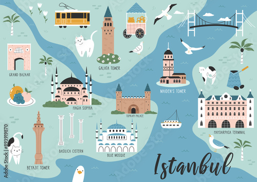 Hand drawn illustrated map of Istanbul with famous places such as Hagia Sophia, Blue Mosque, Galata Tower, Bosphorus Bridge and others.