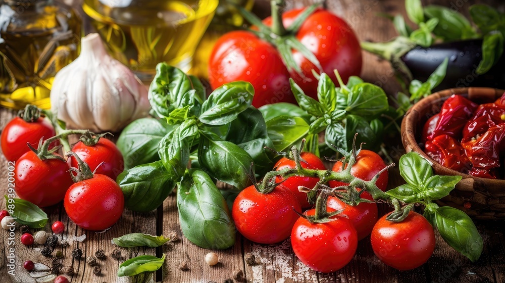Mediterranean ingredients on wooden surface Mediterranean ingredients on wooden surface