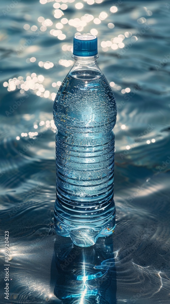 Plastic water bottle floating on the surface of water with sparkling reflections. Plastic water bottle floating on the surface of water with sparkling reflections.