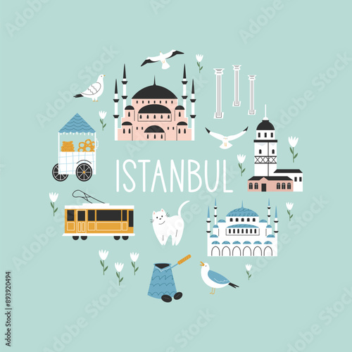 Hand drawn circle illustration with symbols and famous places of Istanbul. Square design, poster, banner for magazines, books, postcards, souvenirs