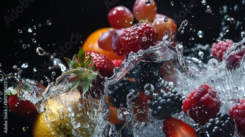 A refreshing and healthy snack with fruits splashed in water, emphasizing vibrant colors and nutritious value. Great for summer or as a light refreshment.