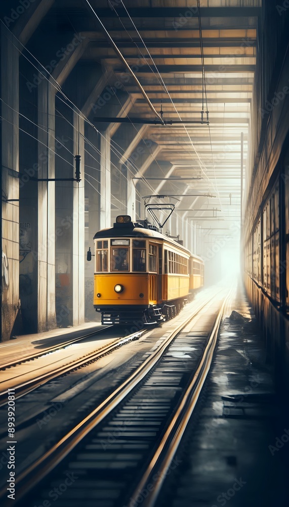 Fototapeta premium Yellow tram in the city