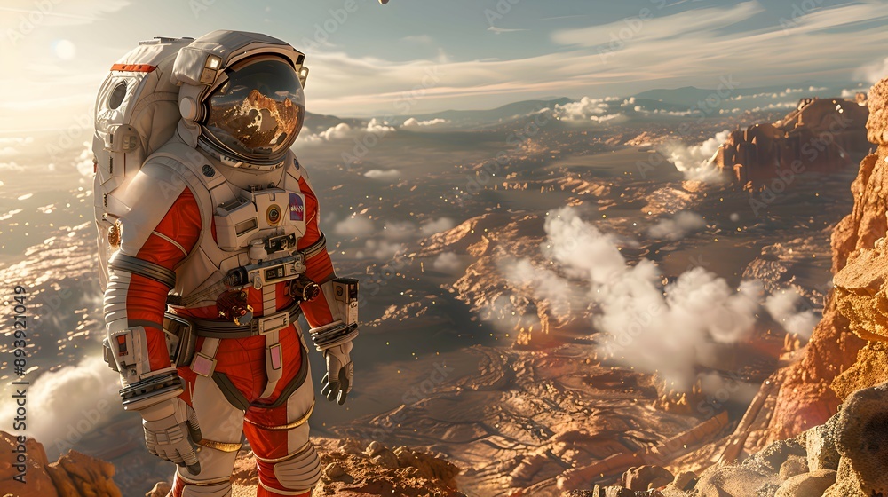 Naklejka premium An astronaut exploring a new world with breathtaking landscapes during a Space Exploration mission