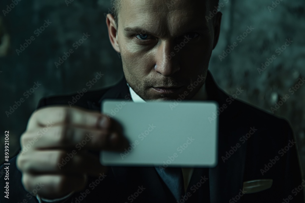 Mysterious Man Holding Blank White Card Mysterious Man Holding Blank White Card