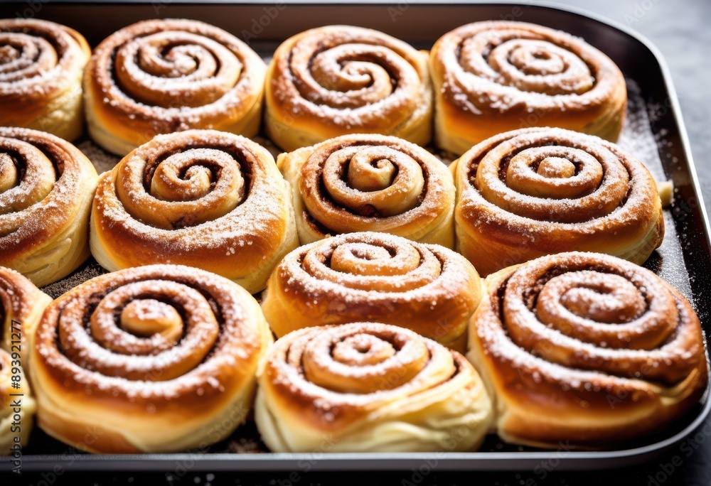 Fototapeta premium freshly baked cinnamon rolls oven tray ready sweet pastry treats, serve, swirls, aromatic, sugary, golden, brown, icing, delicious, warm, mouthwatering, homemade