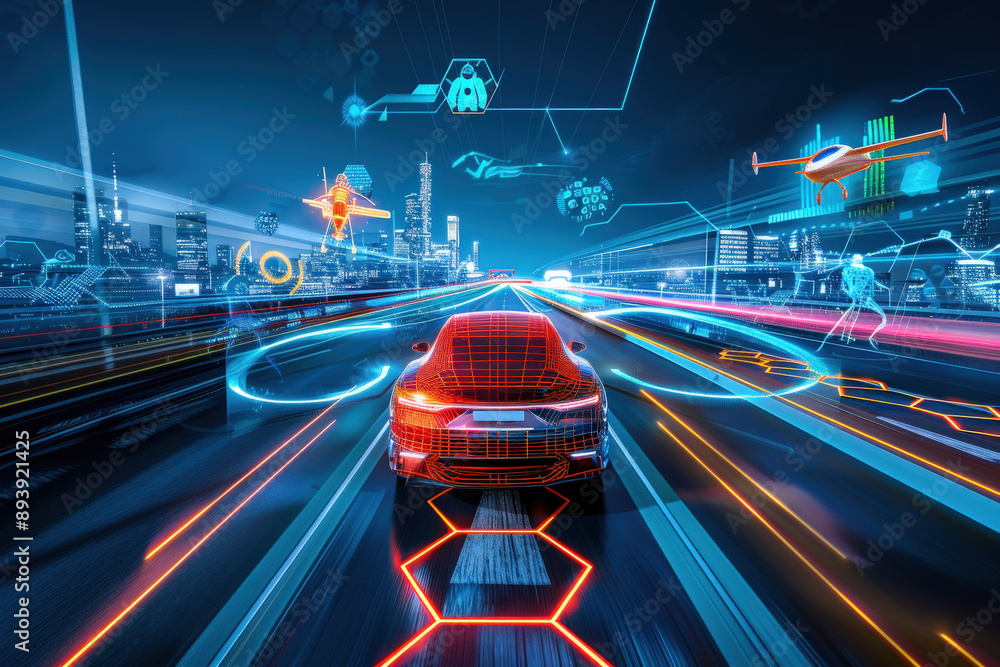Futuristic Car Driving through Neon-Lit Cyber City at Night Futuristic Car Driving through Neon-Lit Cyber City at Night
