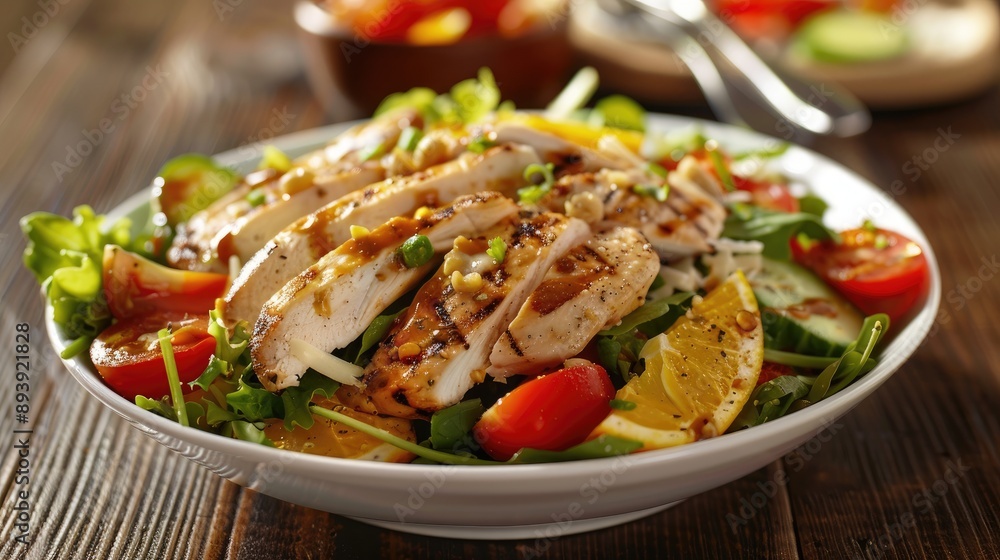 Fresh and Healthy Chicken Salad with Vegetables on Table Fresh and Healthy Chicken Salad with Vegetables on Table