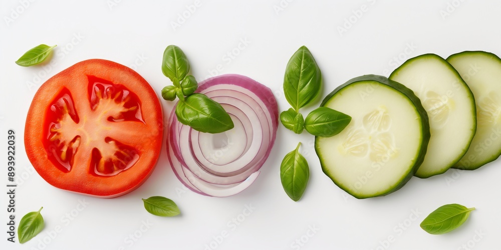 A close up of a salad with a variety of vegetables including tomatoes, cucumbers, and onions A close up of a salad with a variety of vegetables including tomatoes, cucumbers, and onions
